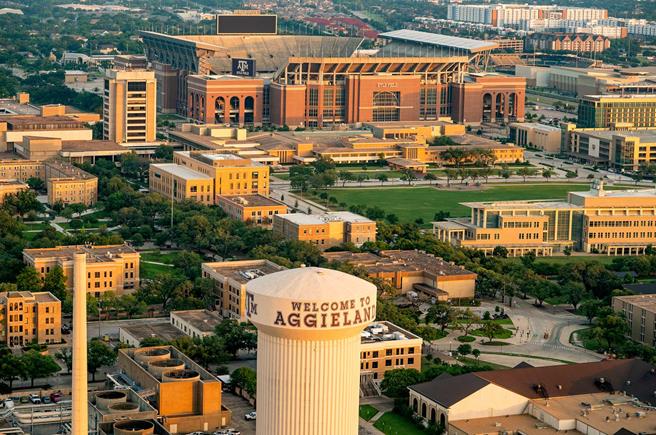Aerial picture of Texas A&M University in College Station, TX