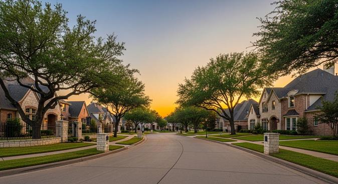 Pebble Creek neighborhood with tree-lined streets and beautiful homes in College Station.